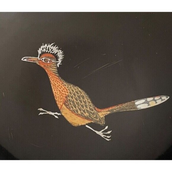 Vintage Couroc of Monterey CA Roadrunner Inlaid Serving Bowl Black Resin MCM 8" - Picture 7 of 7